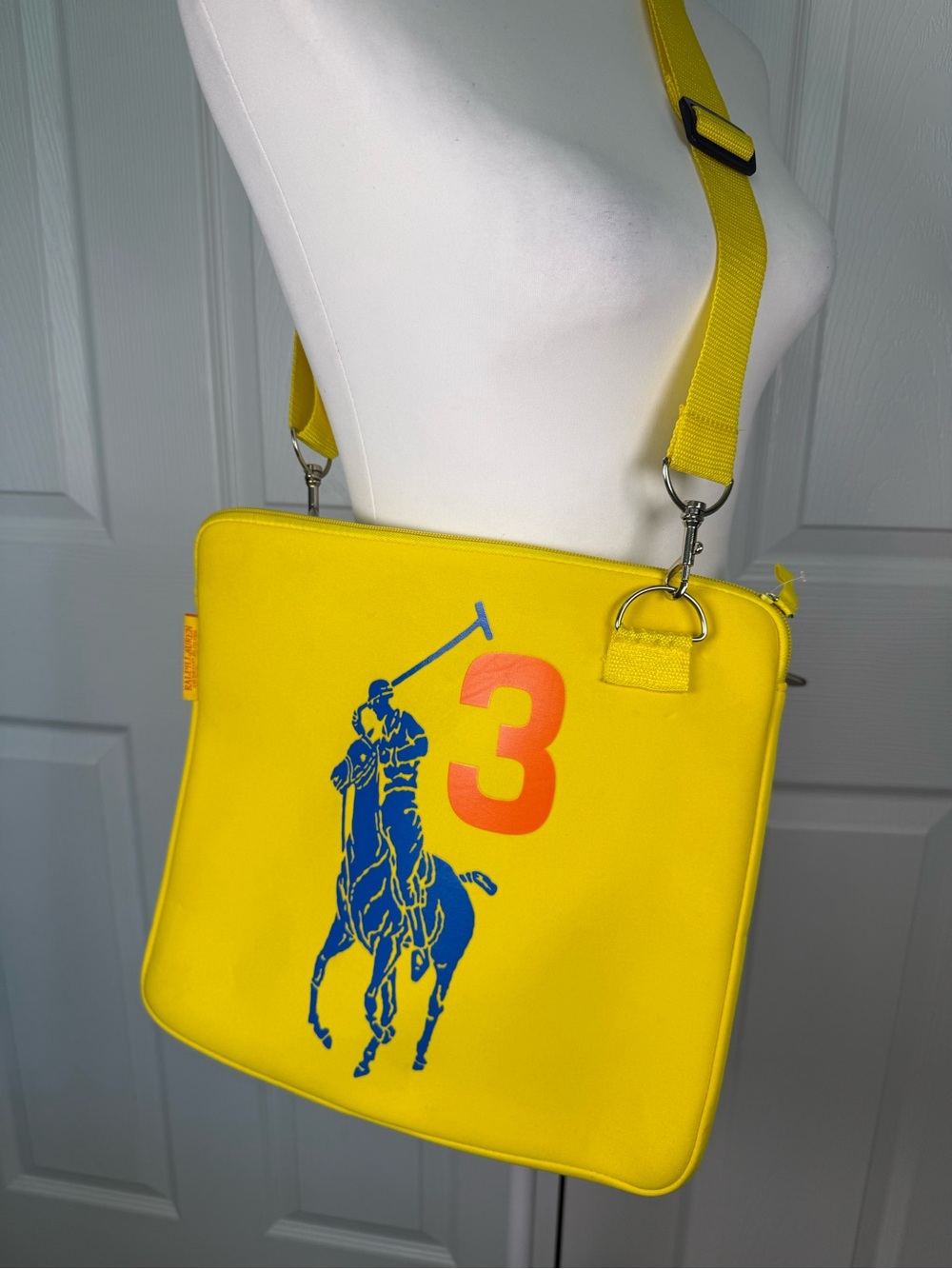 Ralph Lauren Big Pony #3 Yellow Neoprene Laptop iPad Tablet Crossbody Bag